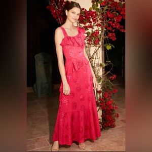 NWT Kitri Roxanne EMBROIDERED FRILLED CREPE MIDI DRESS IN PINK